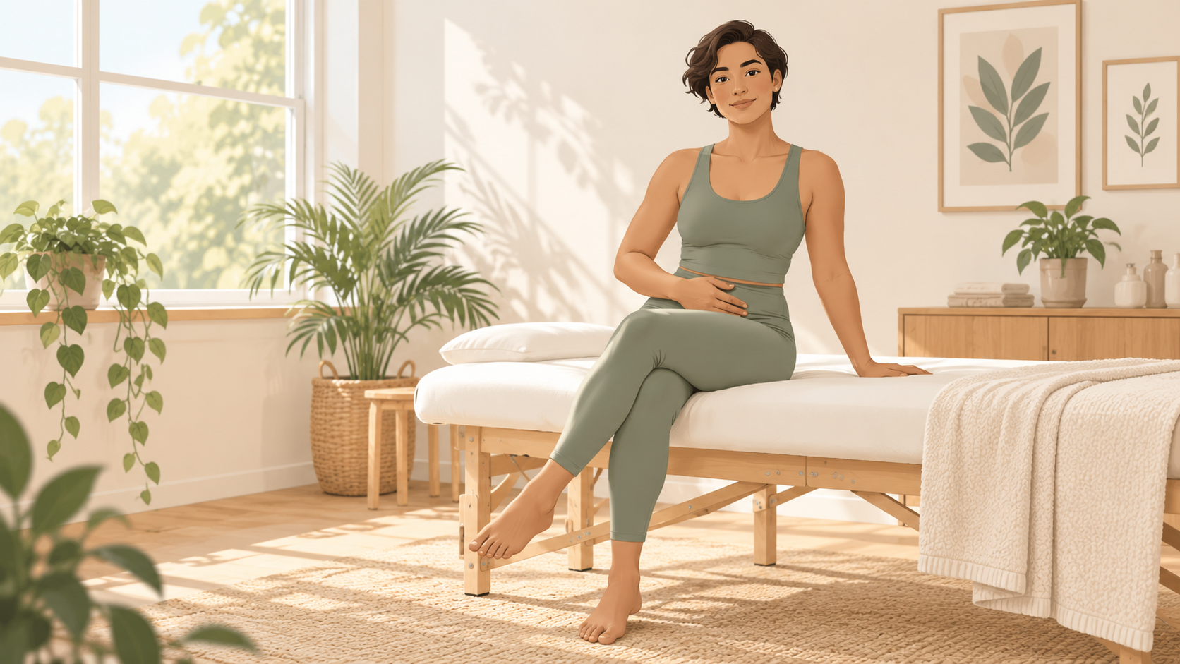 Woman in a bright pelvic health physiotherapy setting